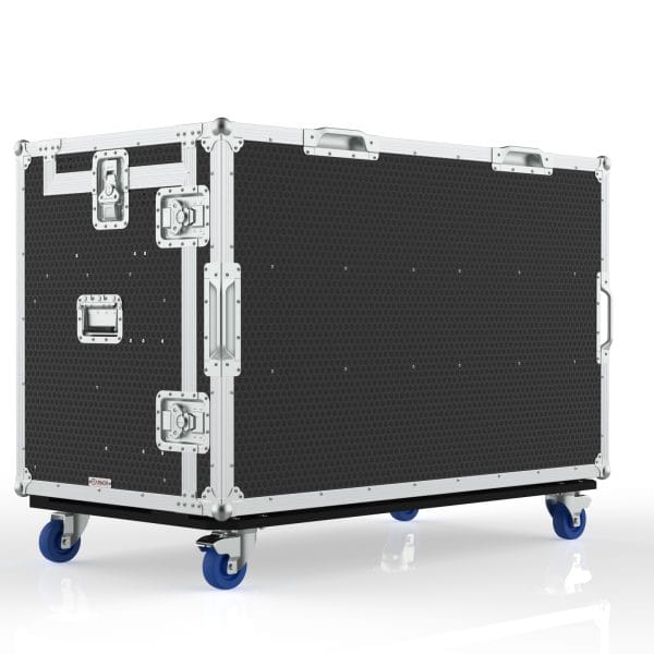 WORKSTATION CASE WITH GAS STRUT SUPPORTED LID, VESA MOUNTS FOR 2 OF 24” MONITORS, DRAWERS AND RACK