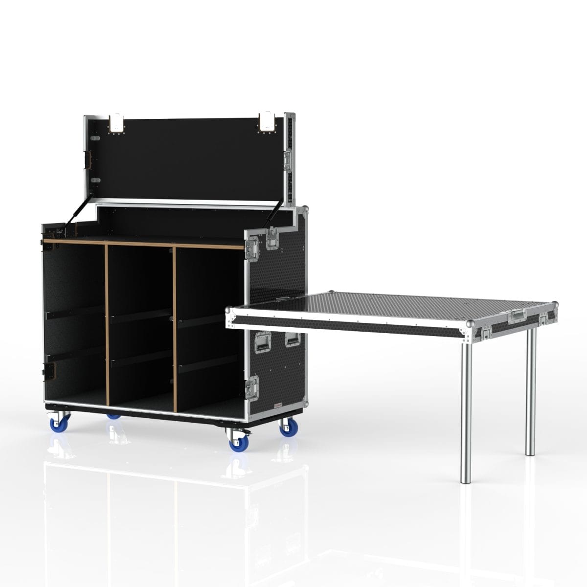 Workstation Road Case For Storage Crates, Removable Front Lid With Leg, Gas Strut Top Lid