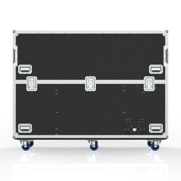 a black and white case with blue wheels