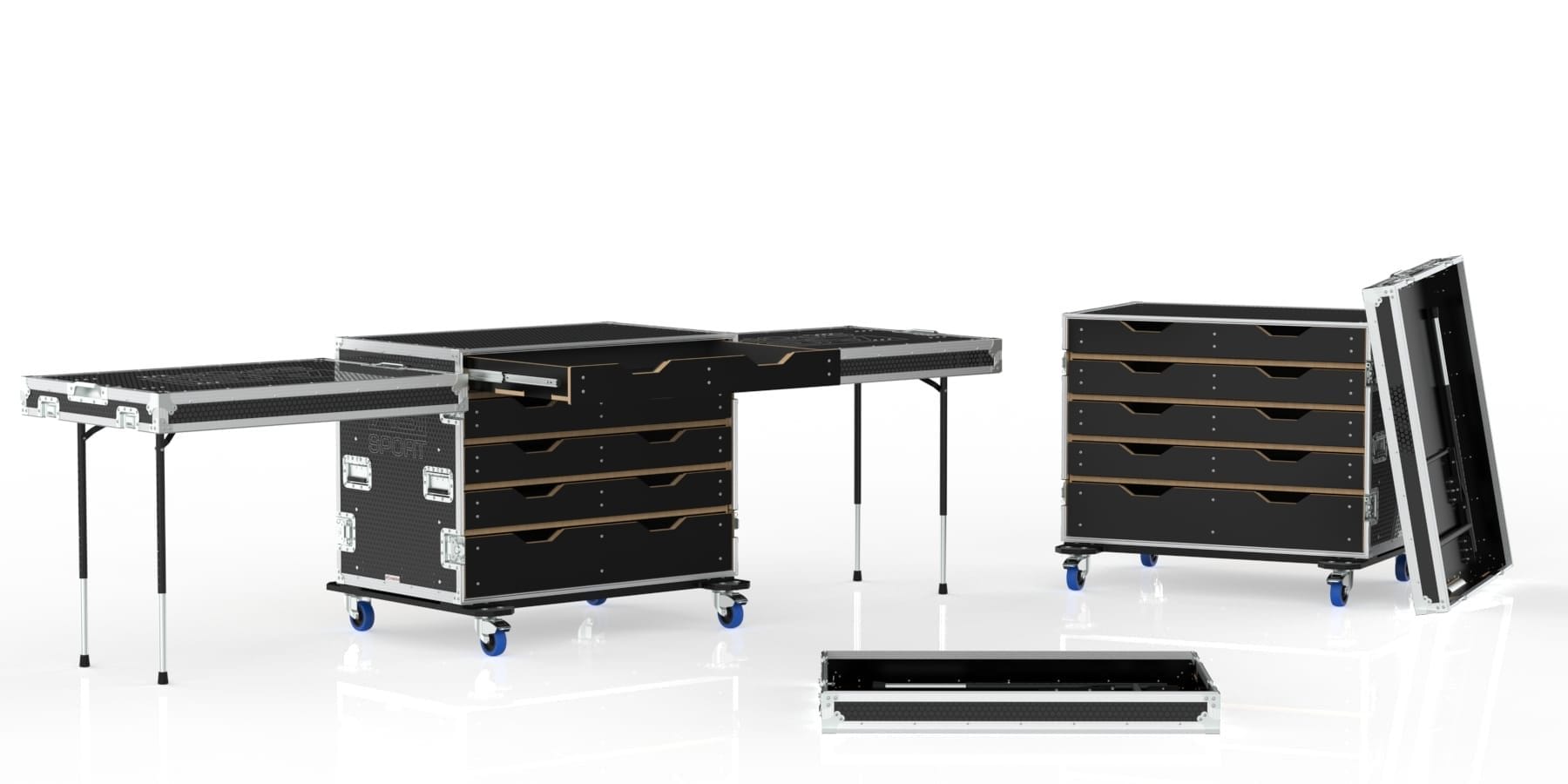 UTILITY DRAWER CASE WITH 5 DRAWERS FOAM LINED, FRONT AND REAR LID REMOVABLE WITH REMOVABLE LEGS