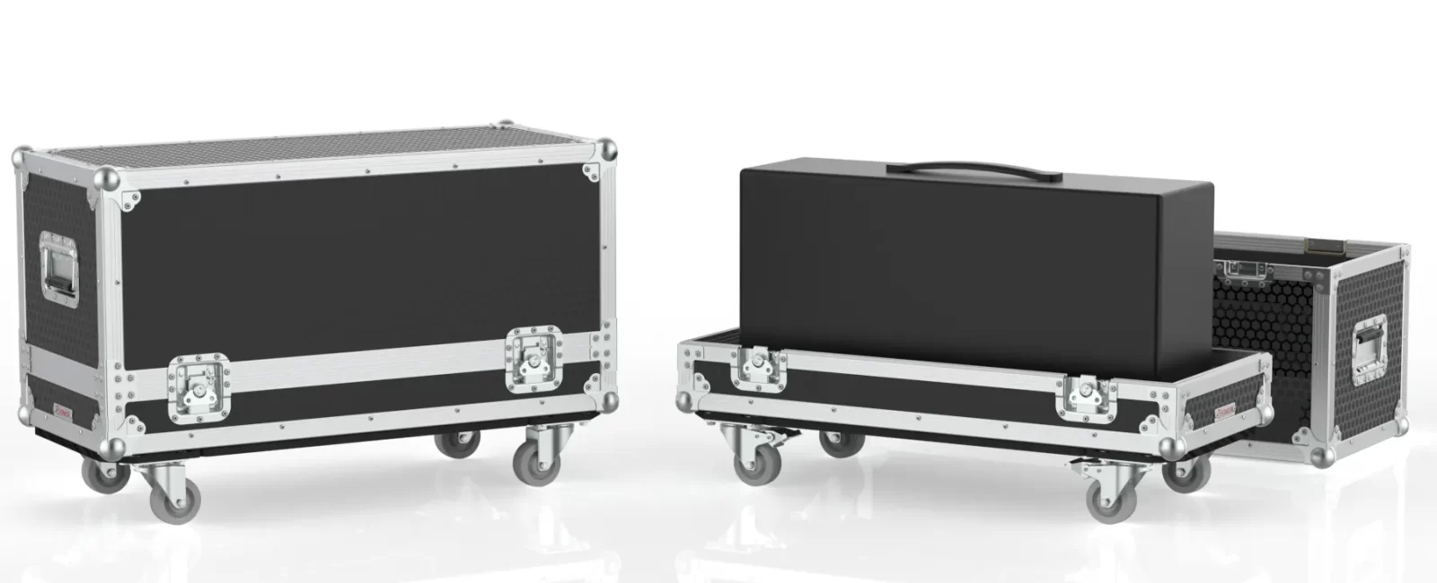 Wide angle shot of the opened and closed amp case showing full exterior, castor wheels, and truck-friendly dimensions