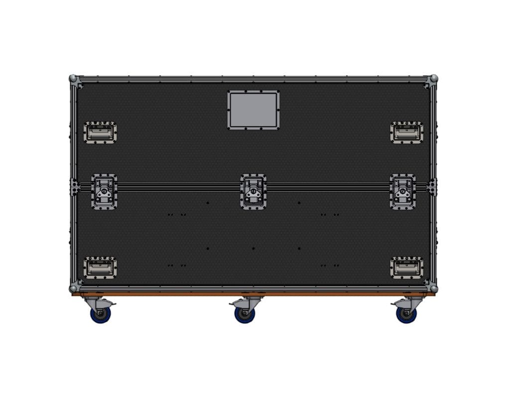 Dual 75-inch Samsung TV case with rugged wheels and foam interior for secure transport and storage of large-format displays