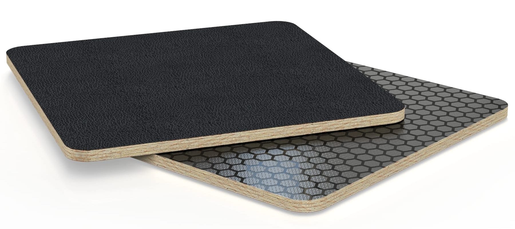 Laminated Birch Plywood Panel, 1220X2440Mm, 9.5Mm-Black Glossy Honeycomb And Pvc Textured Black-Wide Angle View laminated birch plywood with hex pattern black